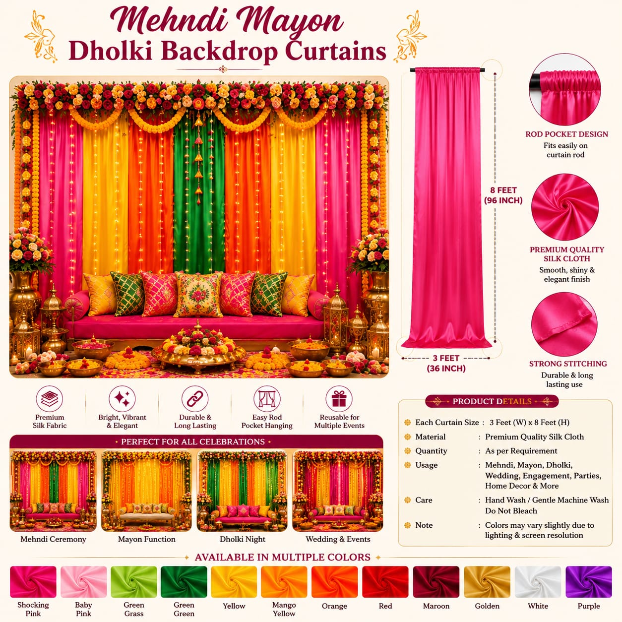 Premium Silk - Wedding Background Curtain Decoration for Mayon, Haldi, Mehndi & Dholki - Party Celebrations - Wedding Favor view 2