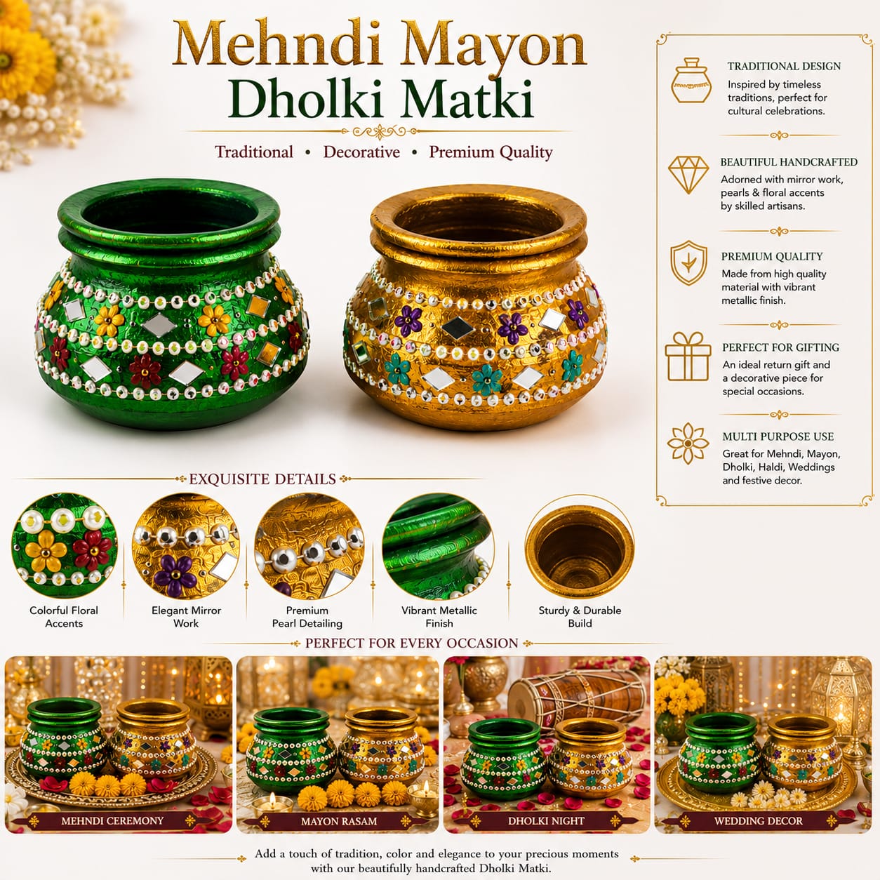 Set of 2pcs - Indian Wedding -Mehndi Mayon Decorative Fancy Matki for Rasm e Hina - Haldi - Mayon & Mehndi Matki - Wedding Favor view 3