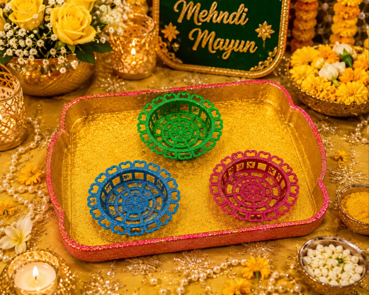 Glittery Tray Set With 3 Katori Plates For Mehndi Haldi Mayon Rasm e Hina Celebration Party Ceremony - Wedding Favor