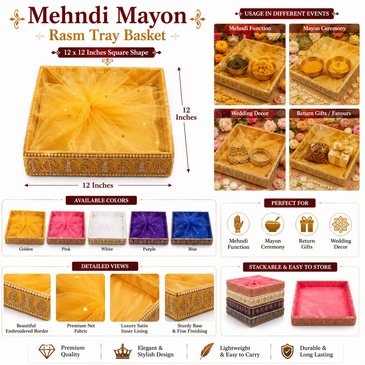 Tray Basket Organza Net - Indian Wedding - Square Shape -For Mehndi Haldi Mayon Rasam e Hina - Diwali Decor - party Favor