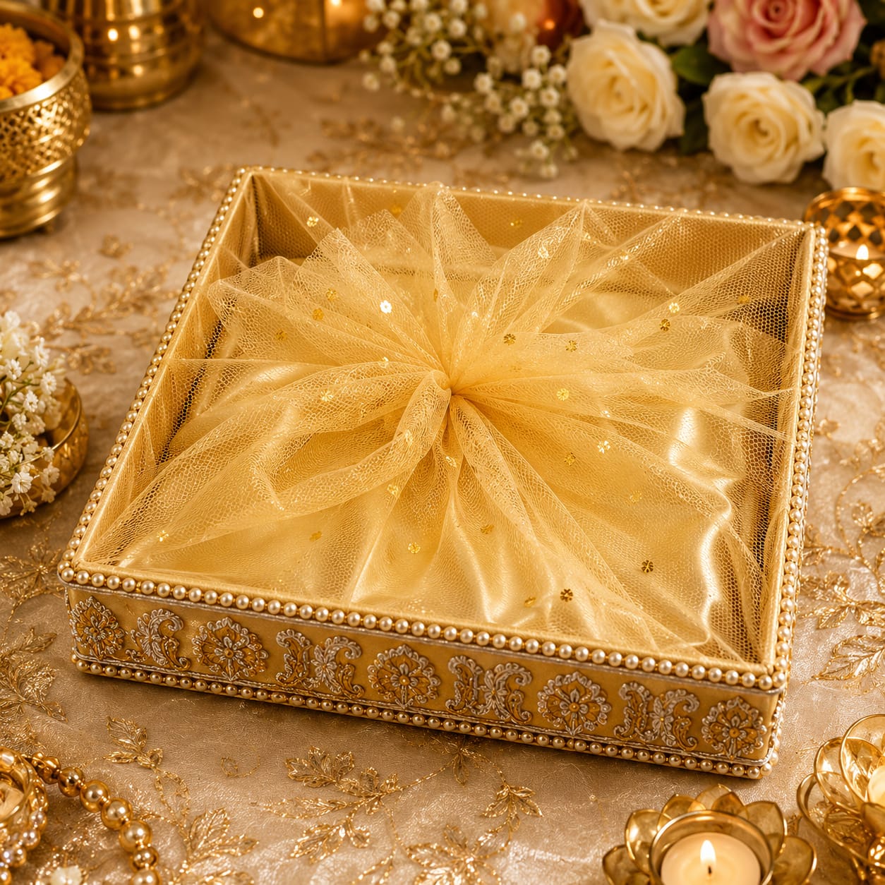 Tray Basket Organza Net - Indian Wedding - Square Shape -For Mehndi Haldi Mayon Rasam e Hina  - Diwali Decor - party Favor view 2