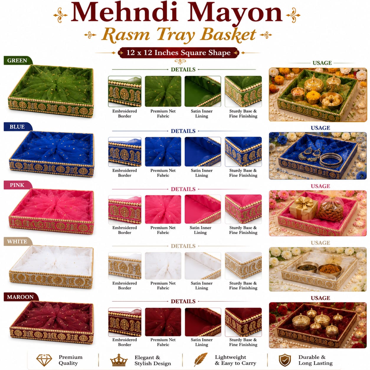 Tray Basket Organza Net - Indian Wedding - Square Shape -For Mehndi Haldi Mayon Rasam e Hina  - Diwali Decor - party Favor view 3