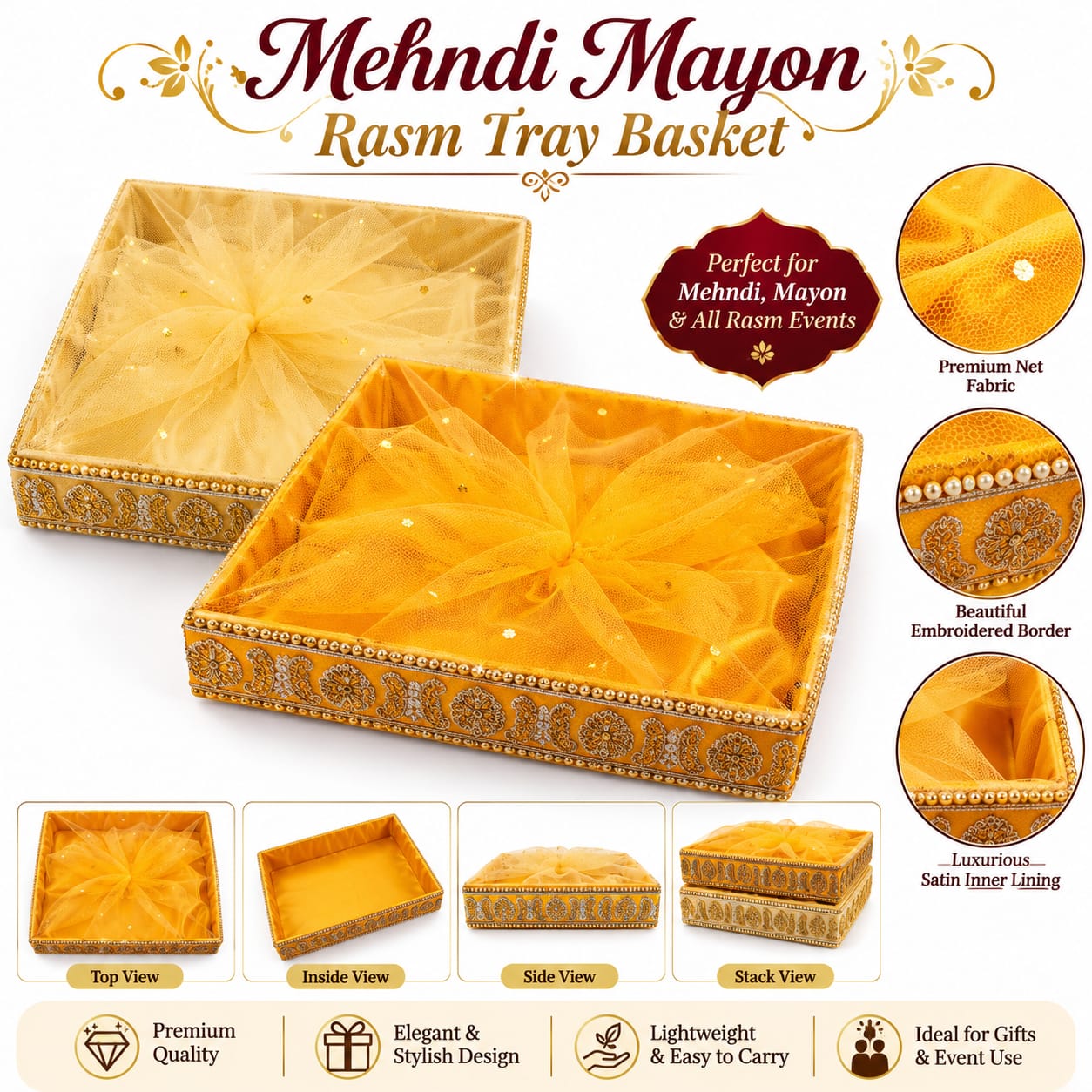 Tray Basket Organza Net - Indian Wedding - Square Shape -For Mehndi Haldi Mayon Rasam e Hina  - Diwali Decor - party Favor view 4