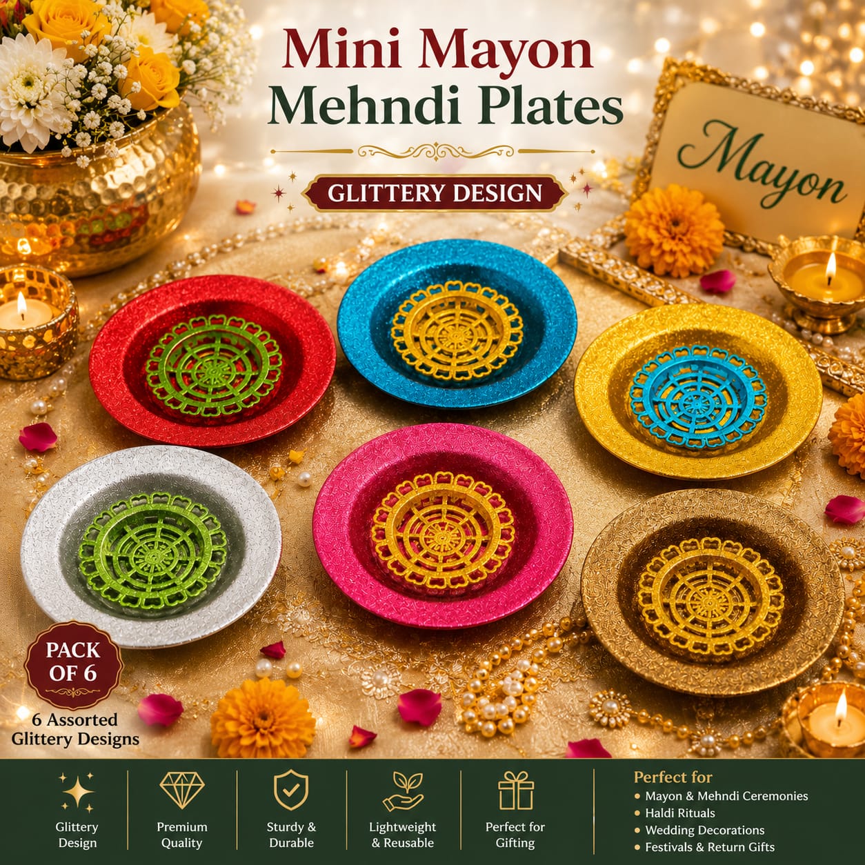 Pack of 6 Mini Glittery 4pcs Set of Mini Katori Mehndi Mayun Plates For Rasm e Hina Celebration Ceremony - Wedding Favor