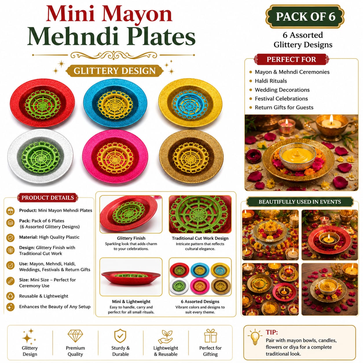 Pack of 6 Mini Glittery 4pcs Set of Mini Katori Mehndi Mayun Plates  For Rasm e Hina Celebration Ceremony - Wedding Favor view 2