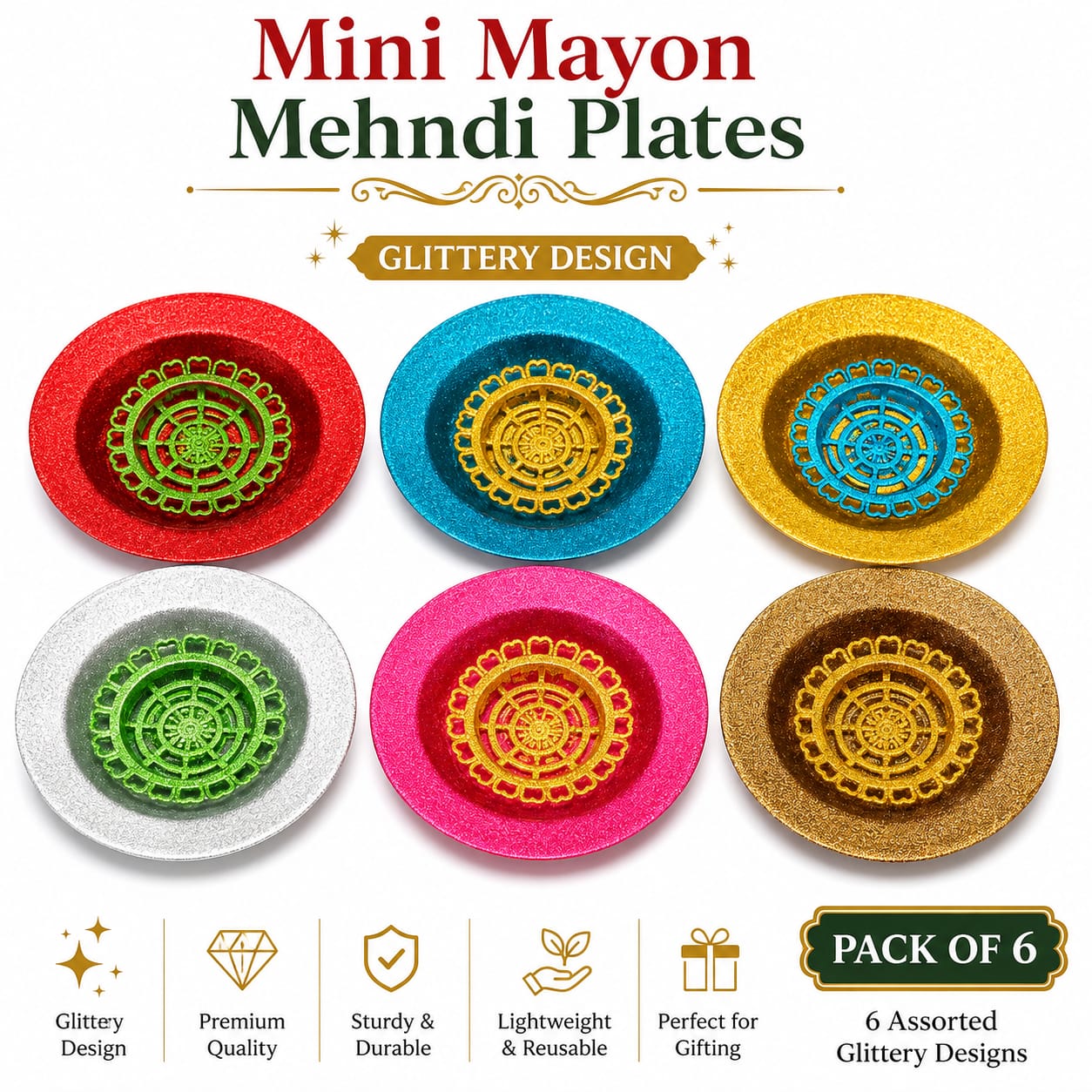 Pack of 6 Mini Glittery 4pcs Set of Mini Katori Mehndi Mayun Plates  For Rasm e Hina Celebration Ceremony - Wedding Favor view 3