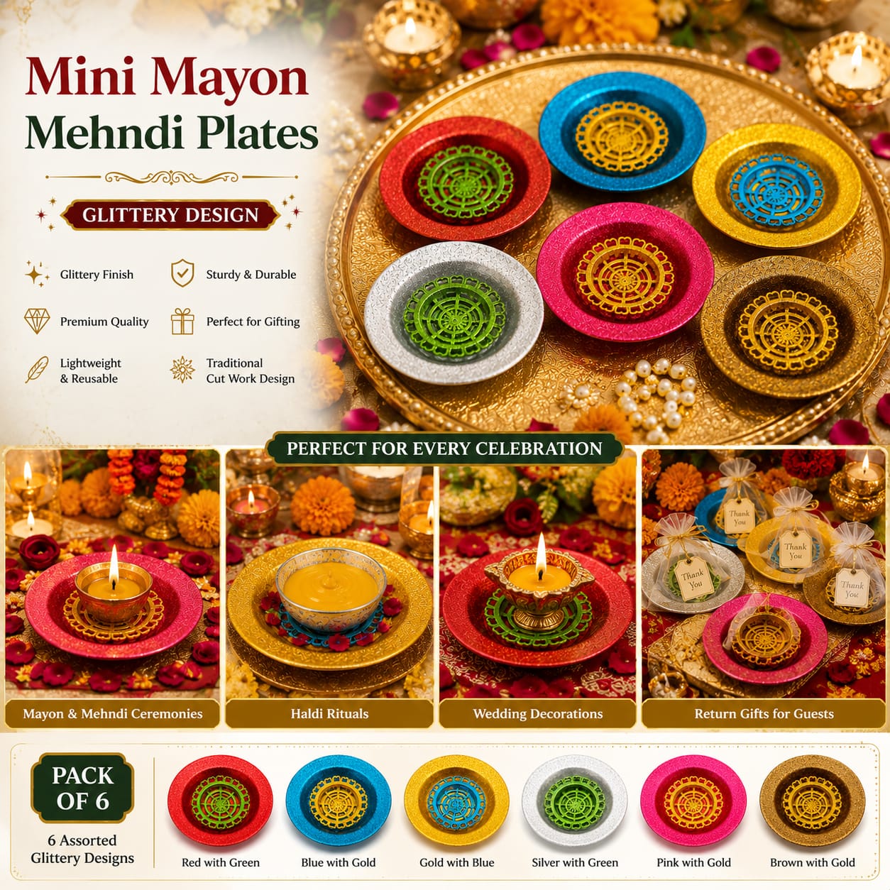 Pack of 6 Mini Glittery 4pcs Set of Mini Katori Mehndi Mayun Plates  For Rasm e Hina Celebration Ceremony - Wedding Favor view 4