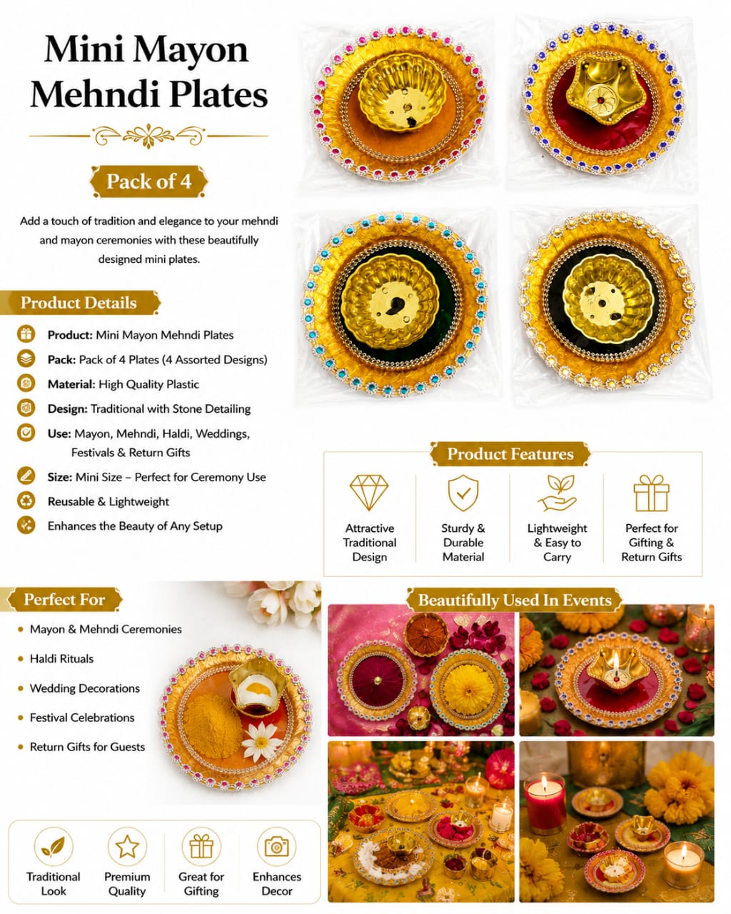 4pcs Set of Mini Katori Mehndi Mayun Haldi Plates For Rasm e Hina Celebration Ceremony - Indian Wedding Favor