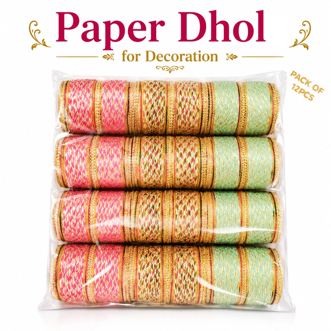 12pcs Multicolor Traditional Handmade Dhol-Shaped Hangings | Wedding, Mehendi & Mayon Dholki Haldi - Indian Wedding