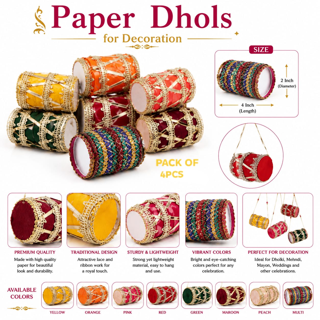 4pcs Traditional Handmade Dhol-Shaped Hangings | Wedding, Mehendi & Mayon Dholki Haldi - Indian Wedding