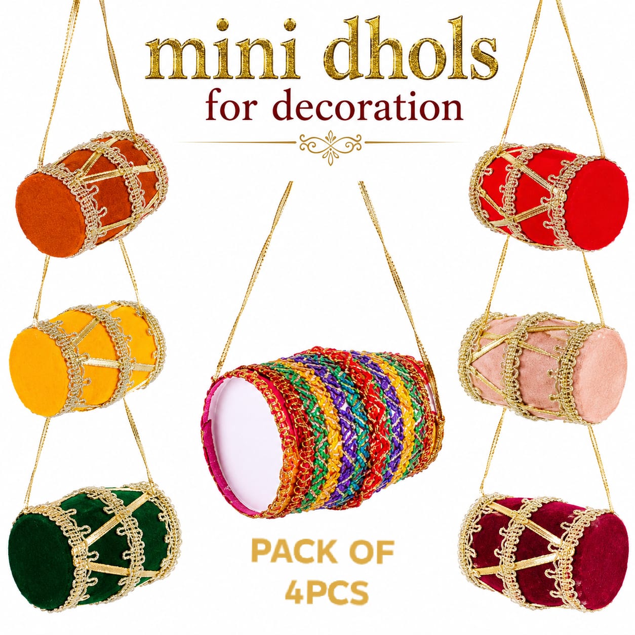 4pcs Traditional Handmade Dhol-Shaped Hangings | Wedding, Mehendi & Mayon Dholki Haldi - Indian Wedding view 2