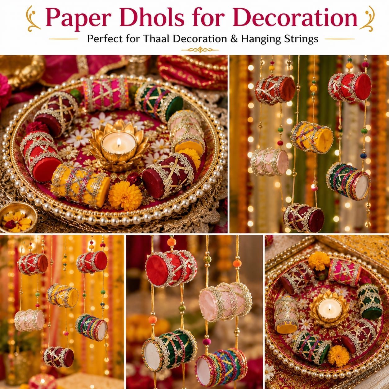4pcs Traditional Handmade Dhol-Shaped Hangings | Wedding, Mehendi & Mayon Dholki Haldi - Indian Wedding view 3