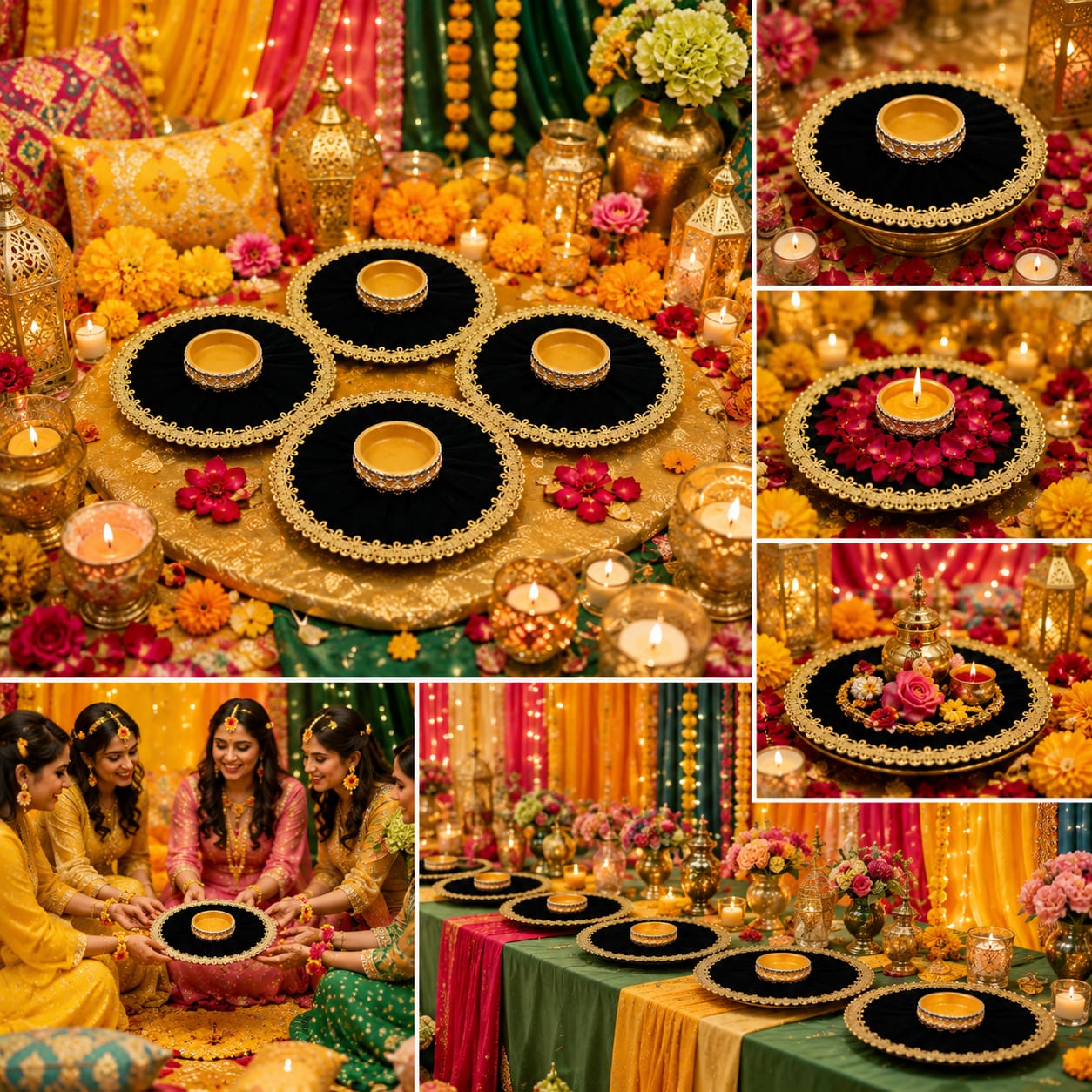 Pack of 5pcs Fancy Velvet Diya Rasm e Hina and Mehndi,Mayon Decoration Plates - Wedding Favor view 2