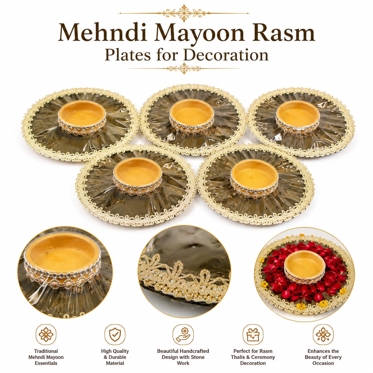 Pack of 5pcs Fancy Velvet Diya Rasm e Hina and Mehndi,Mayon Decoration Plates - Wedding Favor view 4