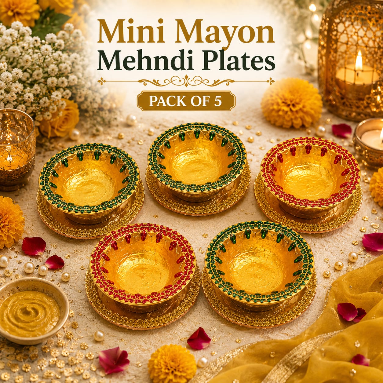 Pack of 5pcs Mini Plates for Mehndi Mayon Rasam Decoration - Small Katori for Haldi Celebration Ceremony - Wedding Favor