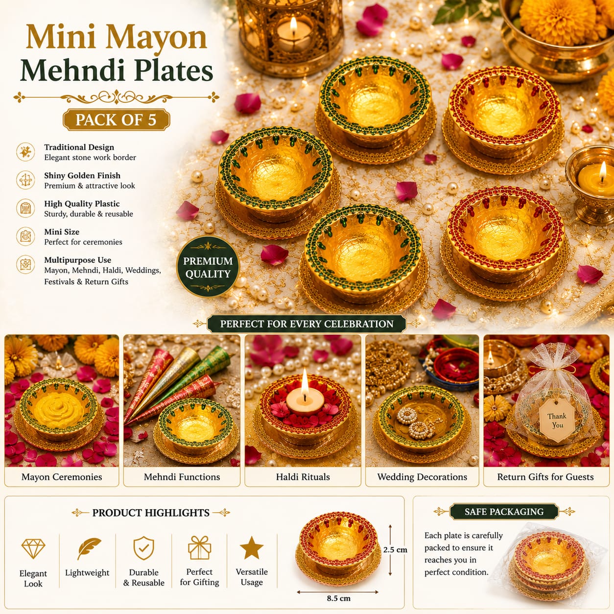 Pack of 5pcs Mini Plates for Mehndi Mayon Rasam Decoration - Small Katori for Haldi Celebration Ceremony - Wedding Favor view 2