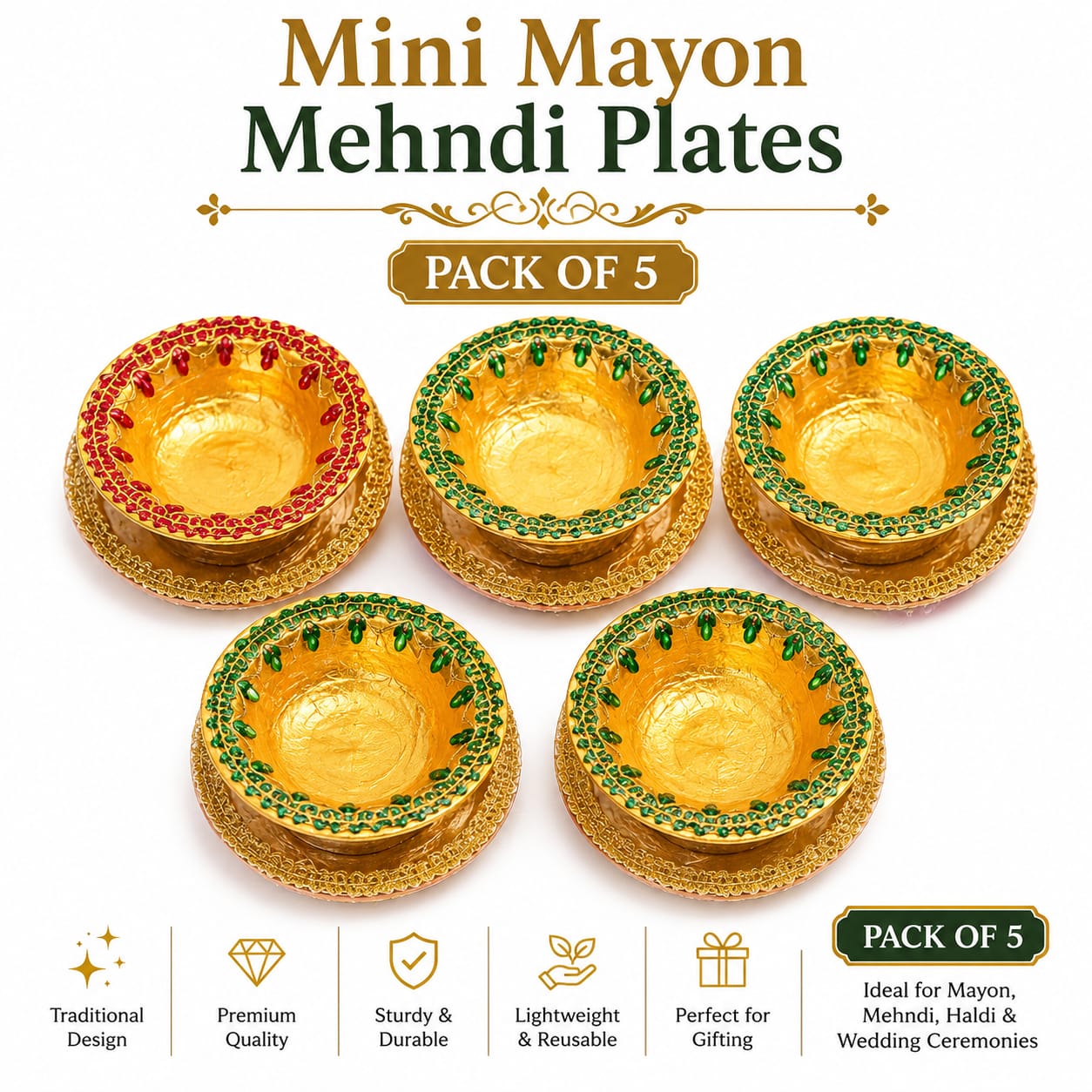 Pack of 5pcs Mini Plates for Mehndi Mayon Rasam Decoration - Small Katori for Haldi Celebration Ceremony - Wedding Favor view 3