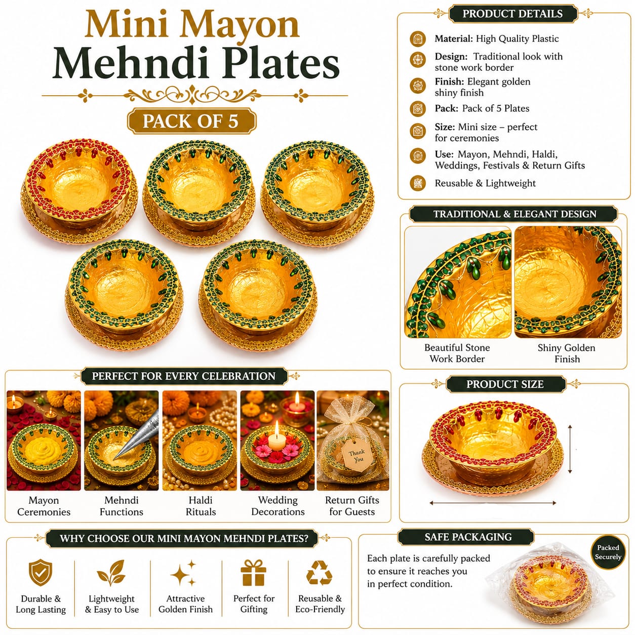 Pack of 5pcs Mini Plates for Mehndi Mayon Rasam Decoration - Small Katori for Haldi Celebration Ceremony - Wedding Favor view 4