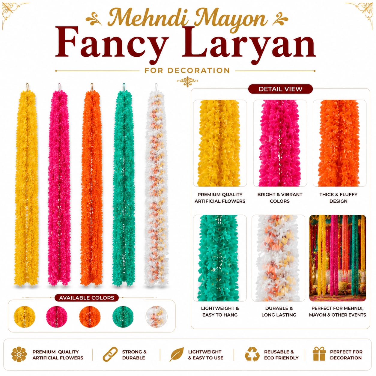 6pcs Artificial Flower Decoration Backdrop Strings For Mehndi Dholki Mayon Nikkah Baat Pakki - Indian Wedding view 5