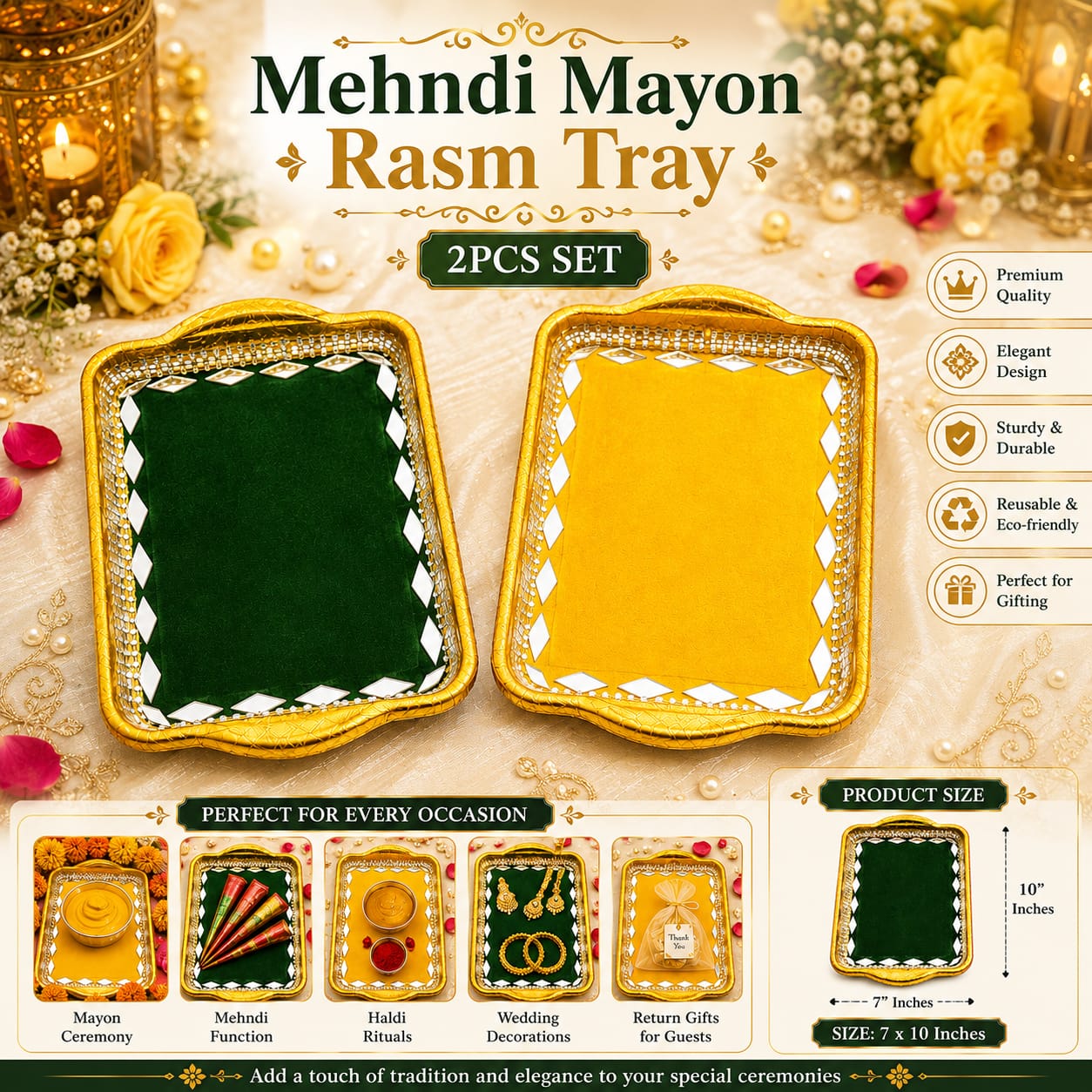 2pcs Small Mehndi & Mayon Tray Set For Haldi Rasam - Decoration - Indian Wedding - Haldi Thaal Plates