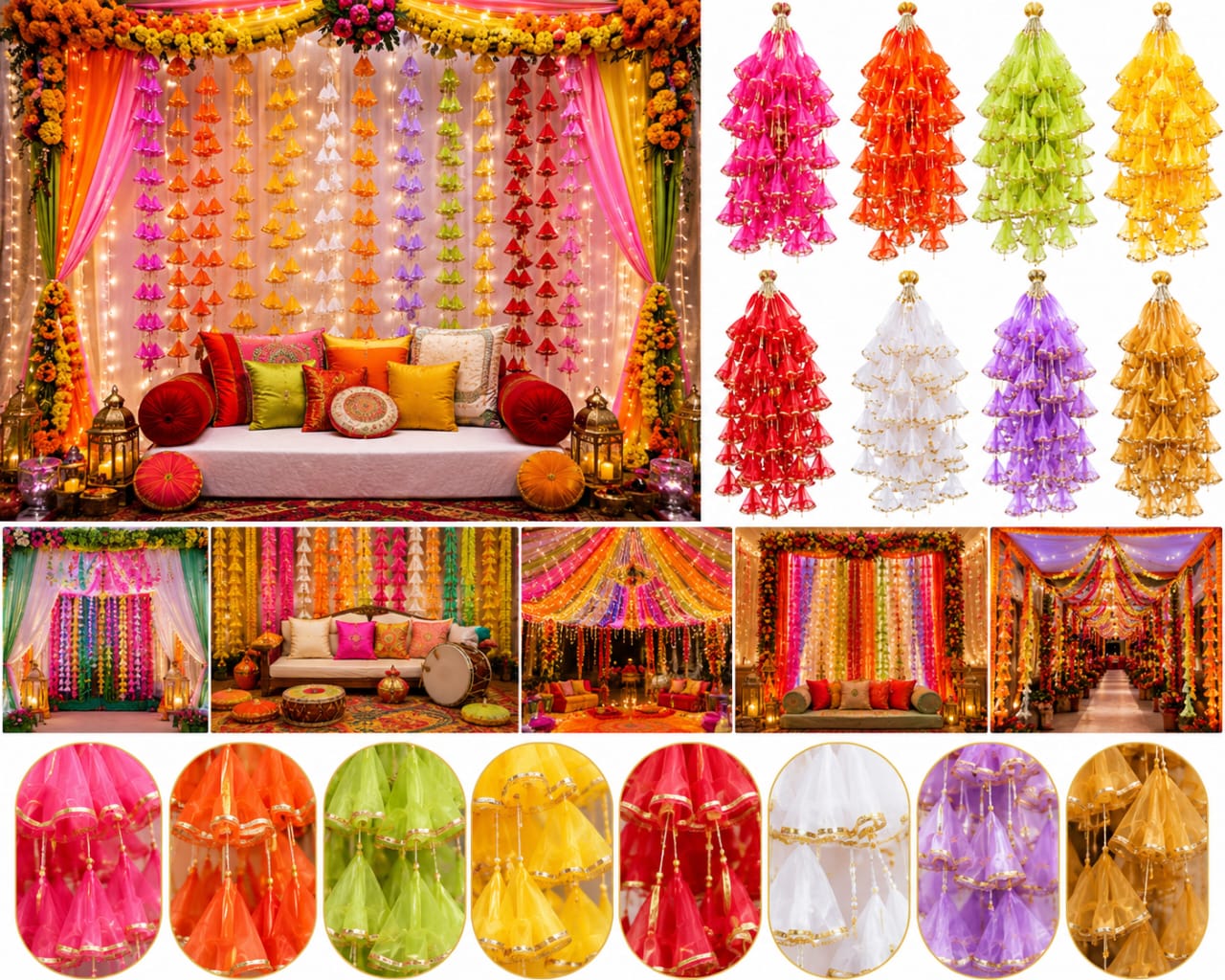 6pcs net gota indian wedding tassel hangings for party dholki mayon mehndi haldi decoration backdrop strings