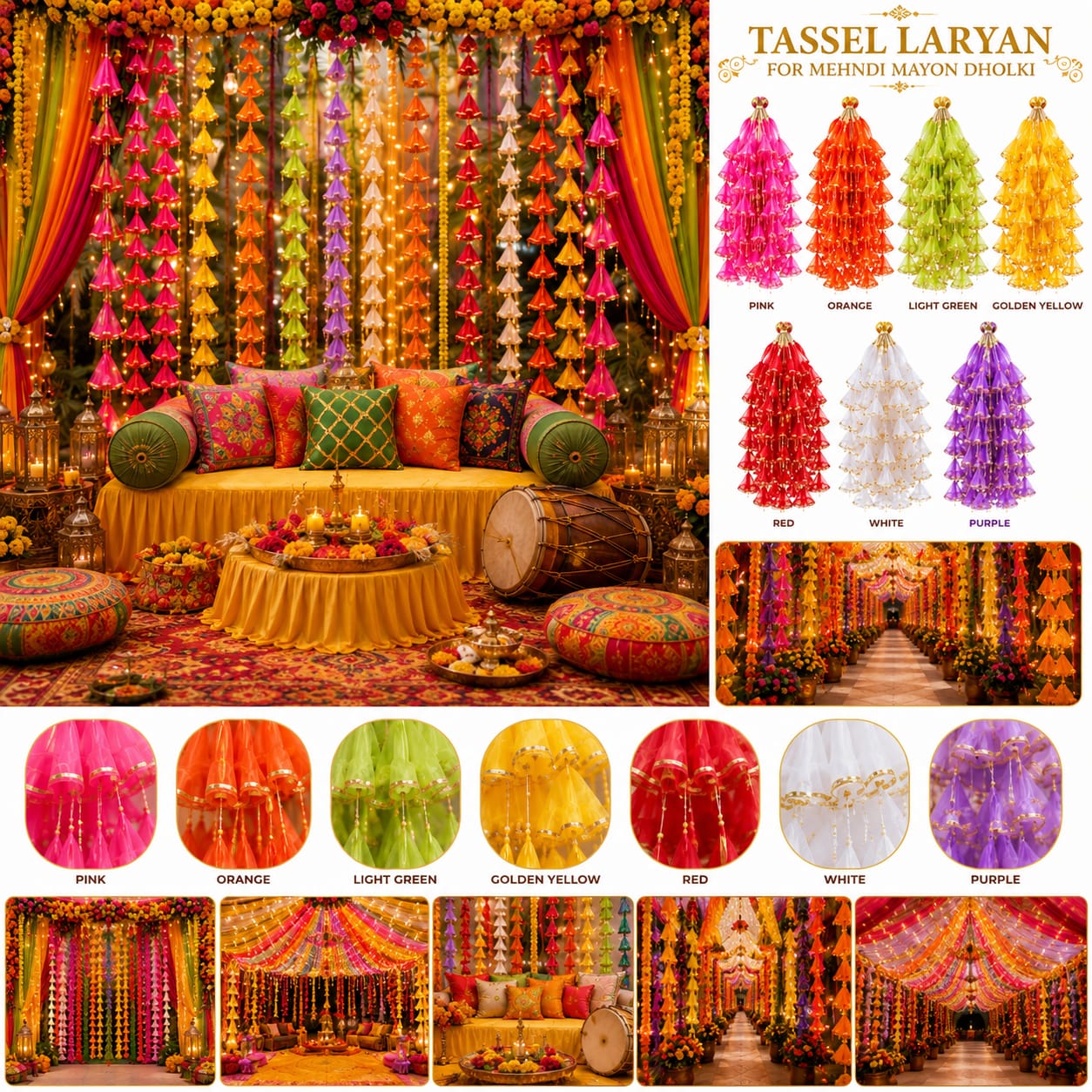 6pcs net gota indian wedding tassel hangings for party dholki mayon mehndi haldi decoration backdrop strings view 3
