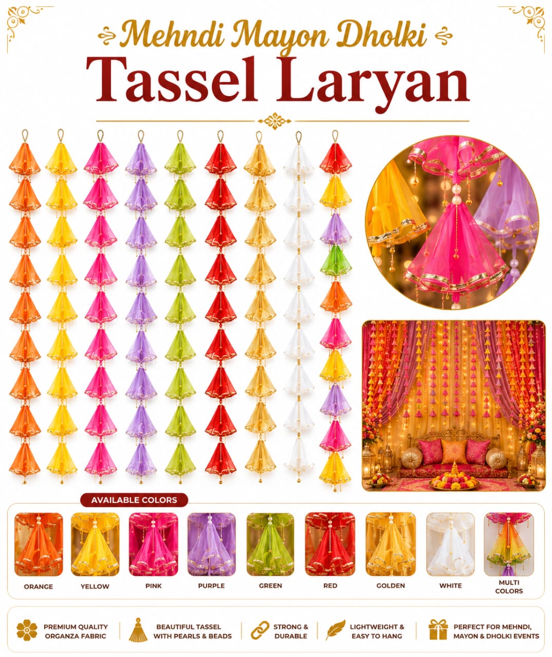 6pcs net gota indian wedding tassel hangings for party dholki mayon mehndi haldi decoration backdrop strings view 5