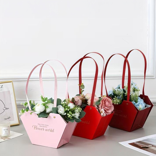 Multi Flower Red Bucket Gift Bags for Bouquets, Floral Wrap Florist Supplies Basket - Flower Bouquet Box with Handle - Graduation Wedding Gifts