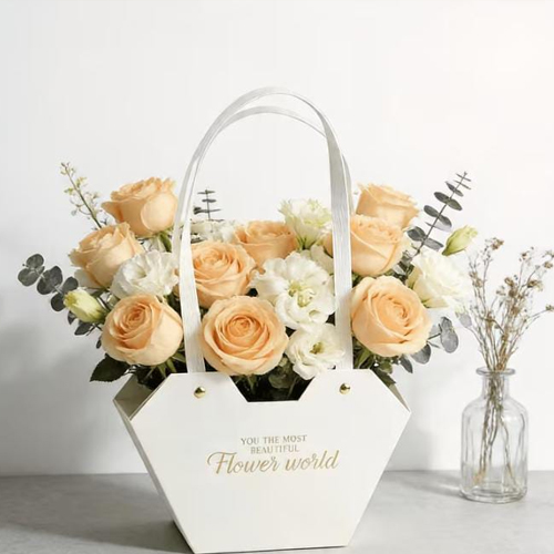White Ivory Flower Bucket Bag / flower Bouquet Gift - Flower Bucket Bouquet with handle -Florist Supplies Basket Wedding