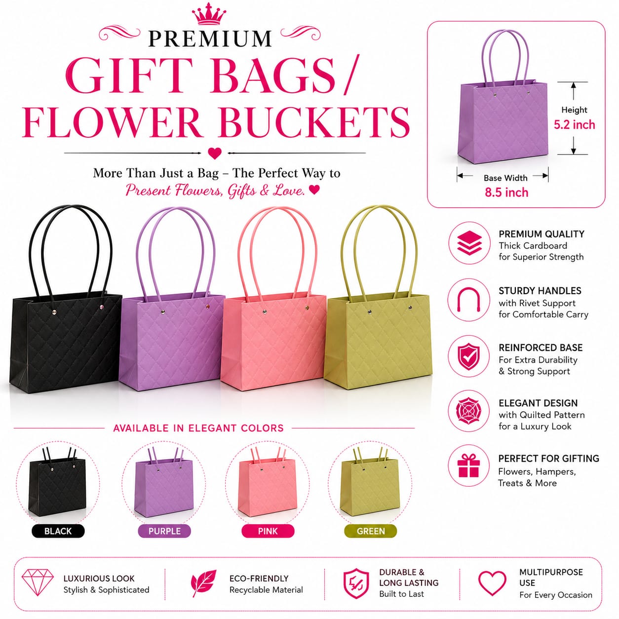 Premium Textured Flower Bucket Gift Bag with Handles - Bouquet Bags Flower Box - Floral Gift Bag - Flower Bouquet - Wedding Favor - Florist Carrier Bags