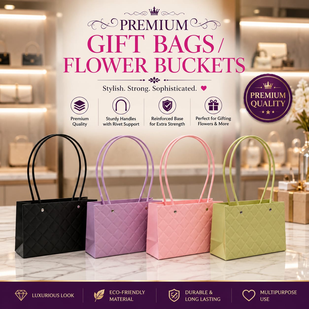 Premium Textured Flower Bucket Gift Bag with Handles - Bouquet Bags Flower Box - Floral Gift Bag - Flower Bouquet - Wedding Favor - Florist Carrier Bags view 3
