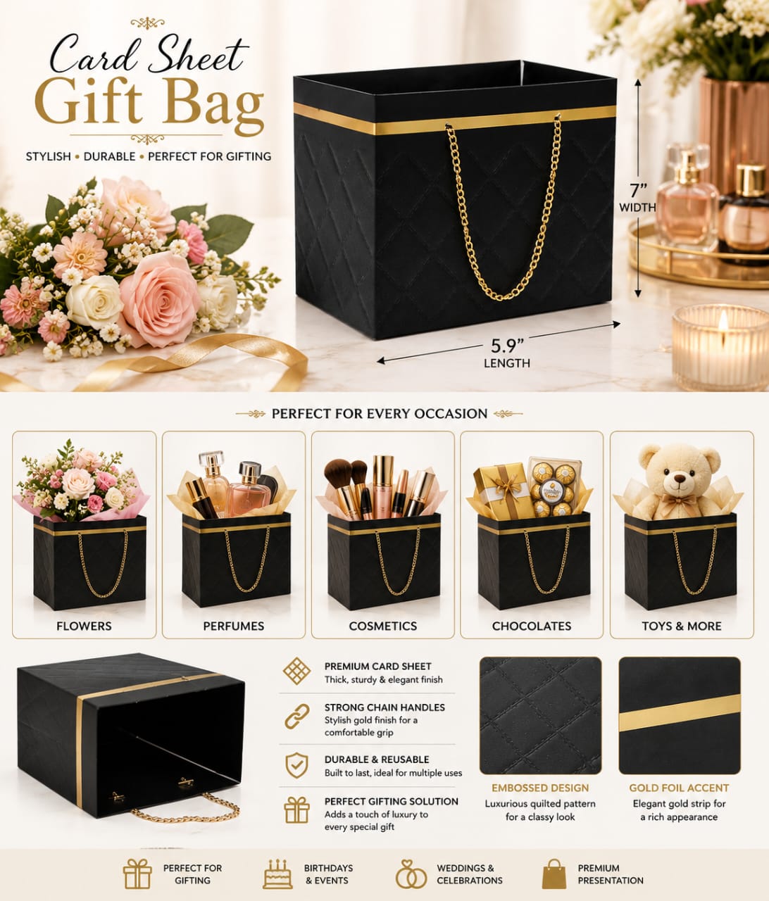 Luxury Black Gift Bag with Golden Chain Handles - Bouquet Bags Flower Box - Floral Gift Bag - Flower Bouquet - Wedding Favor - Florist Carrier Bags