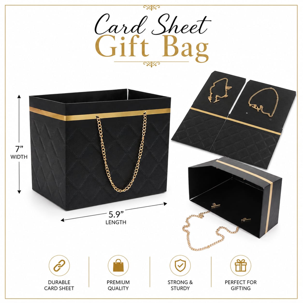 Luxury Black Gift Bag with Golden Chain Handles - Bouquet Bags Flower Box - Floral Gift Bag - Flower Bouquet - Wedding Favor - Florist Carrier Bags view 2
