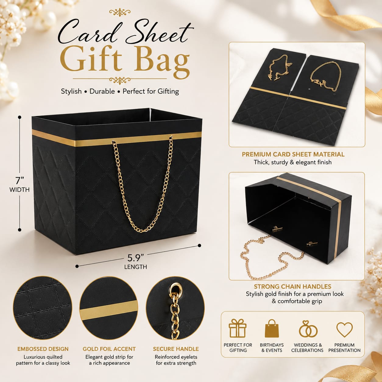 Luxury Black Gift Bag with Golden Chain Handles - Bouquet Bags Flower Box - Floral Gift Bag - Flower Bouquet - Wedding Favor - Florist Carrier Bags view 3