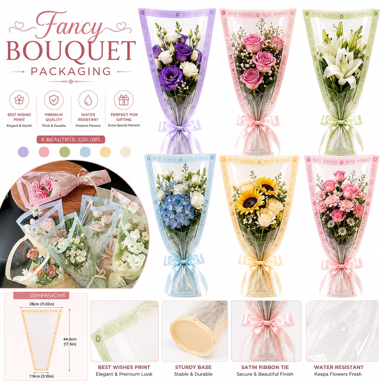 Pack of 2pcs Fancy Printed Cone Flower Bouquet Paper Bag Wrapping Sleeves FOR Wedding Gift