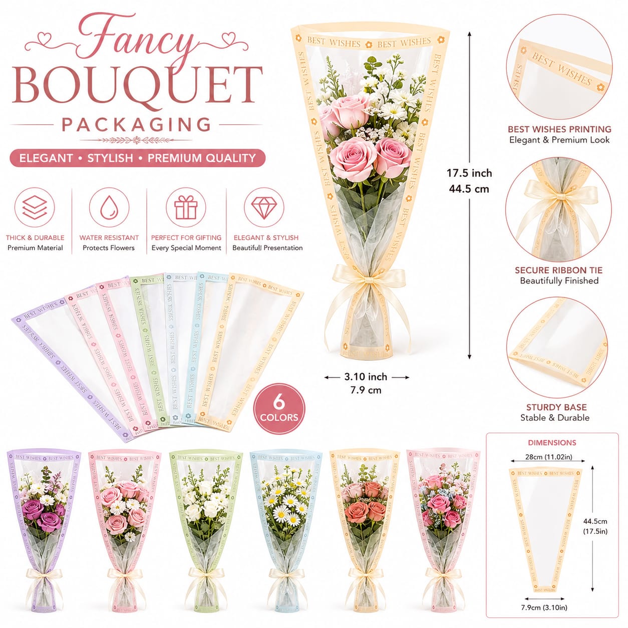 Pack of 2pcs Fancy Printed Cone Flower Bouquet Paper Bag Wrapping Sleeves FOR Wedding Gift view 2