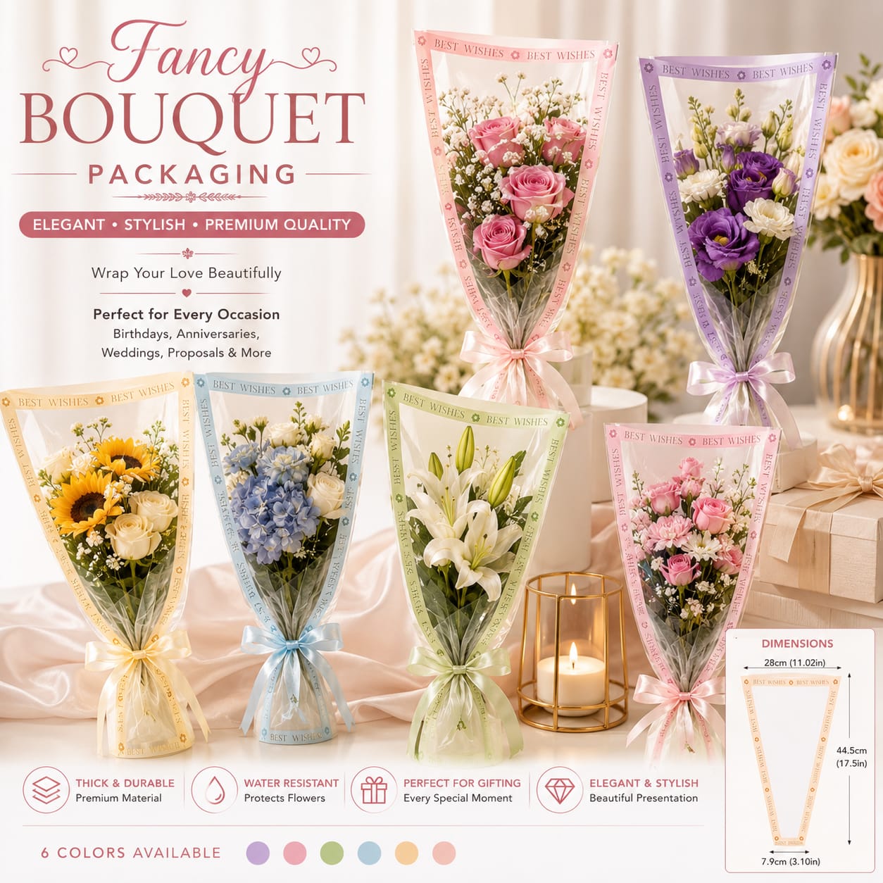 Pack of 2pcs Fancy Printed Cone Flower Bouquet Paper Bag Wrapping Sleeves FOR Wedding Gift view 3