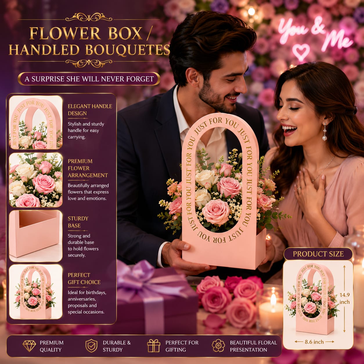 Premium Handled Card-Sheet Flower Box for Bouquets Luxury Flower Bucket Bag with Handles For Flowers Floral Gift Bag - Flower Bouquet - Wedding Favor, Parties - Florist Carrier Bags for Bouquet