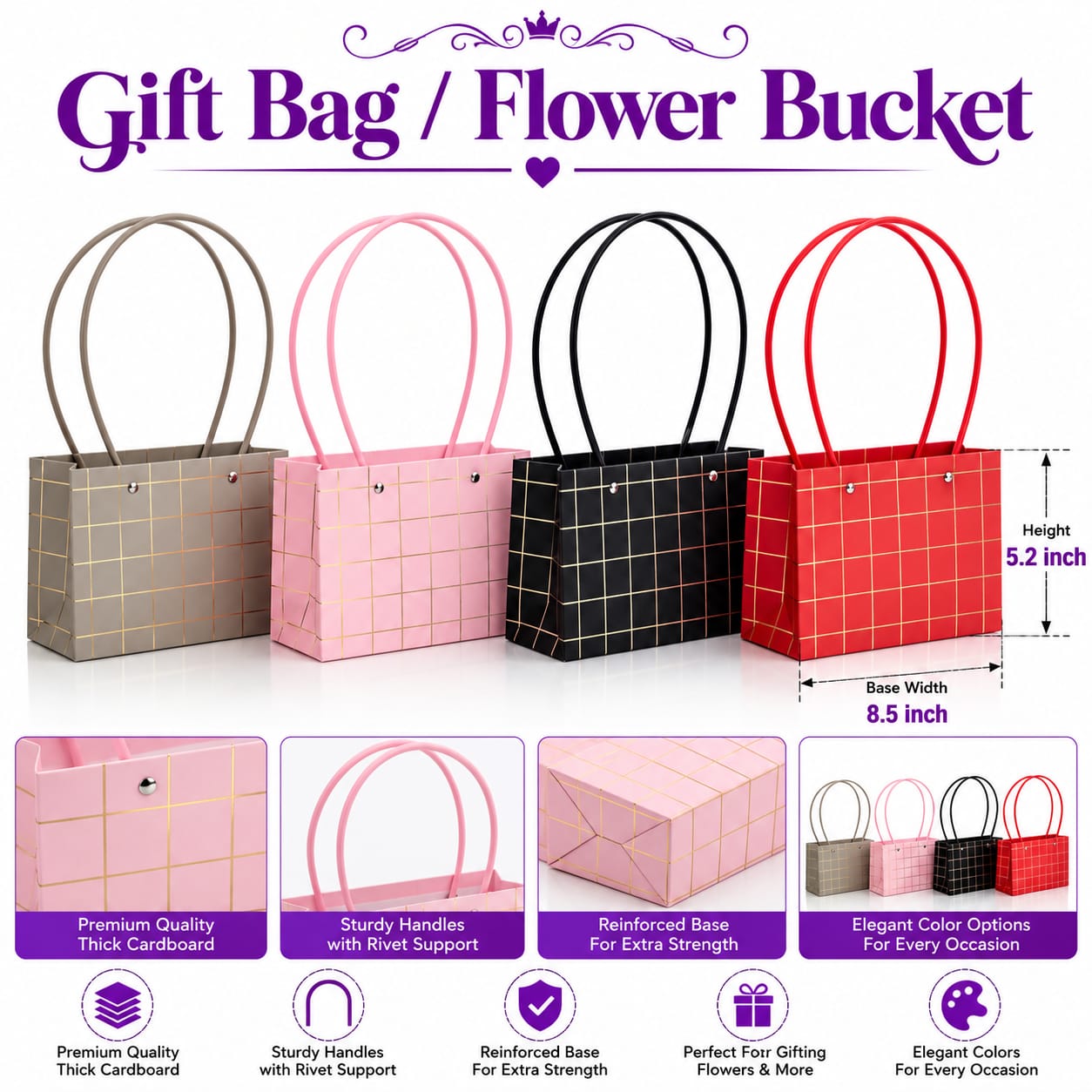 Textured Plastic Flower Bucket Bag with Handles For Flowers Floral Gift Bag - Flower Bouquet - Wedding Favors, Showers, Parties - Small Florist Carrier Bags for Bouquet Storage