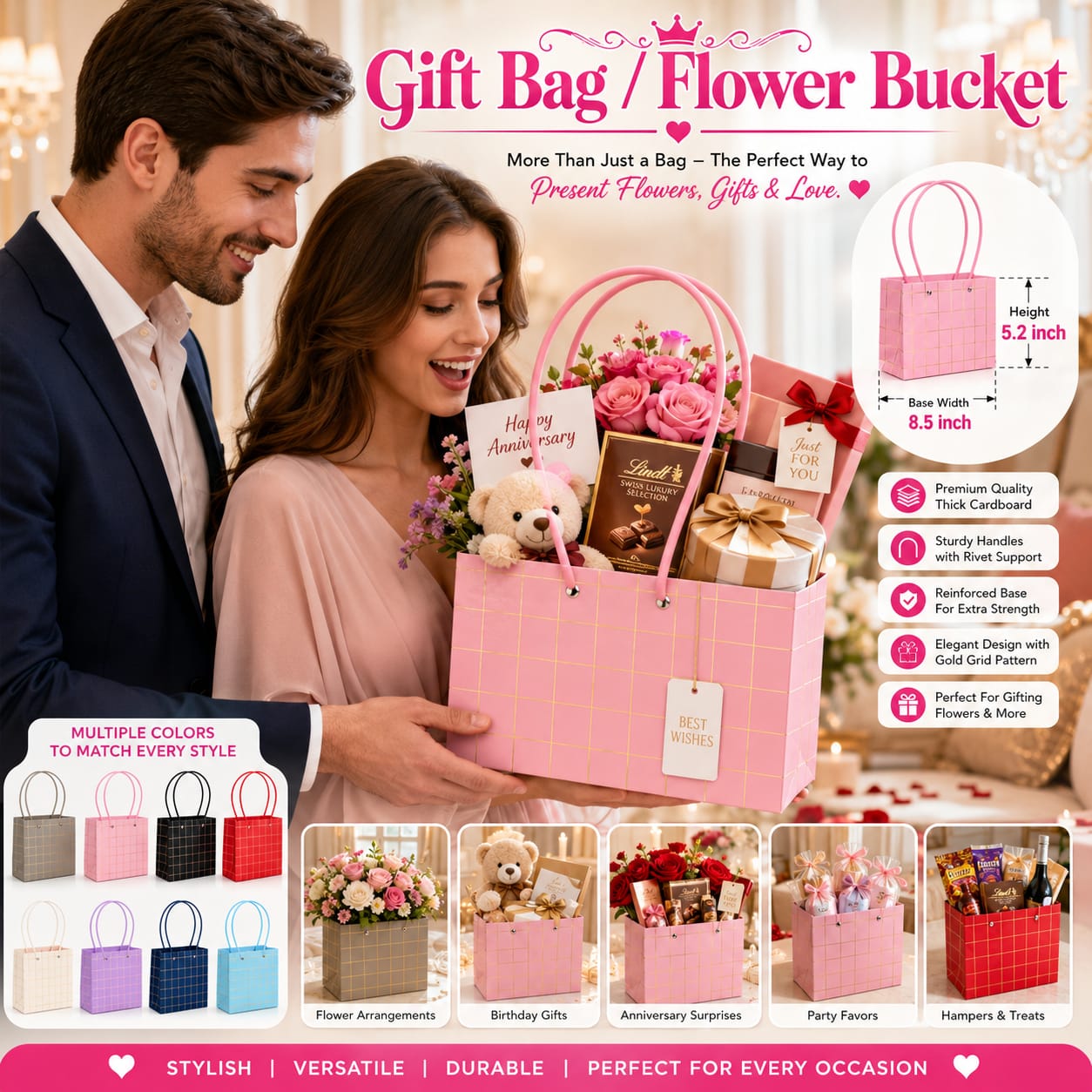 Textured Plastic Flower Bucket Bag with Handles For Flowers Floral Gift Bag - Flower Bouquet - Wedding Favors, Showers, Parties - Small Florist Carrier Bags for Bouquet Storage view 2