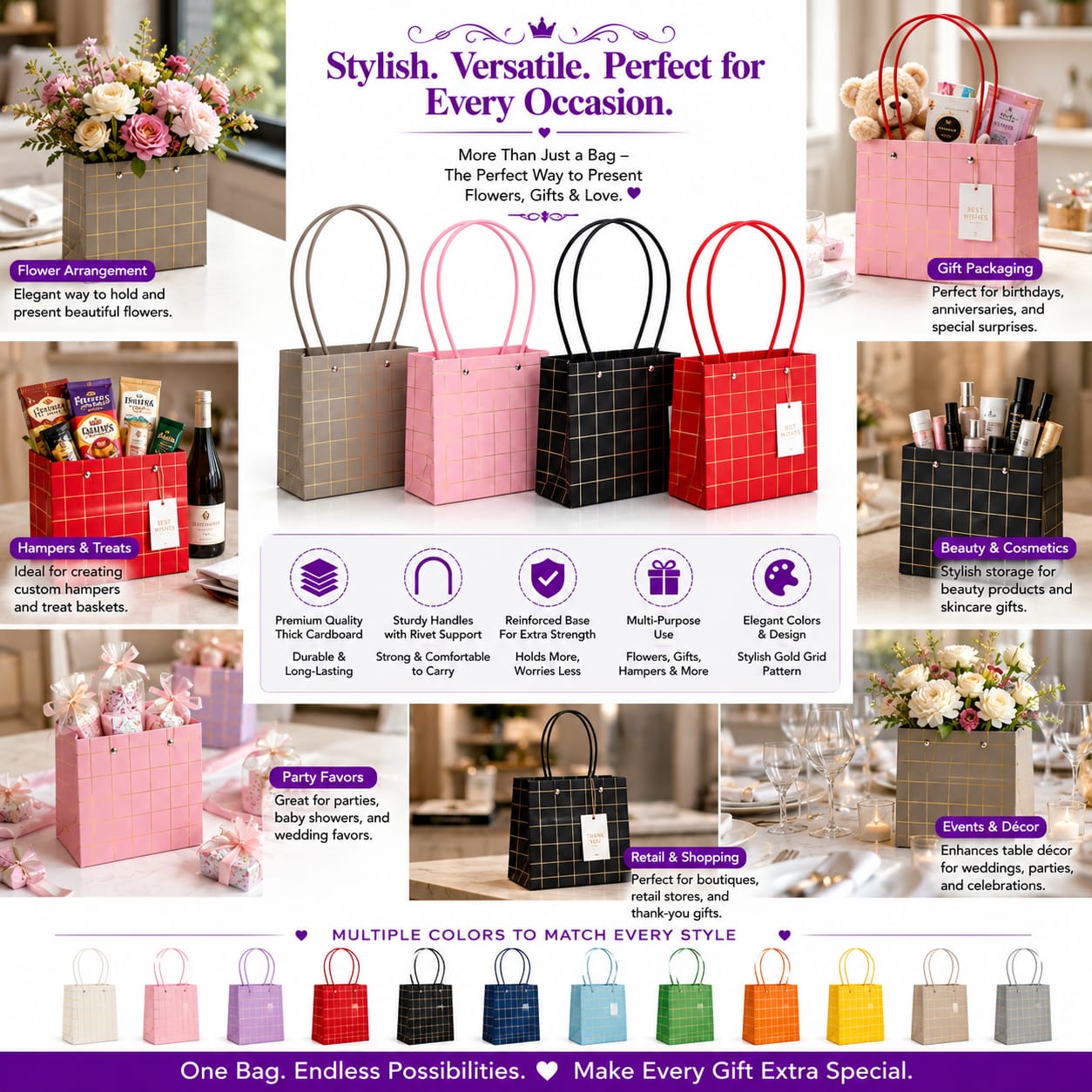 Textured Plastic Flower Bucket Bag with Handles For Flowers Floral Gift Bag - Flower Bouquet - Wedding Favors, Showers, Parties - Small Florist Carrier Bags for Bouquet Storage view 4