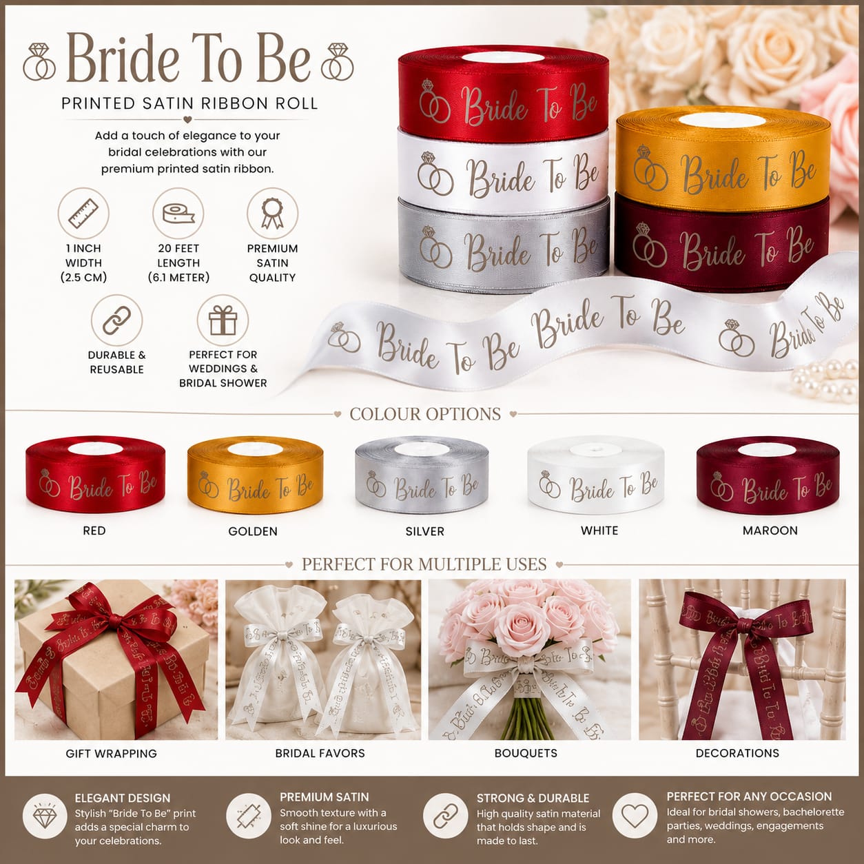 30ft Bride To Be Printed Satin Ribbon Rolls Gift Wrapping