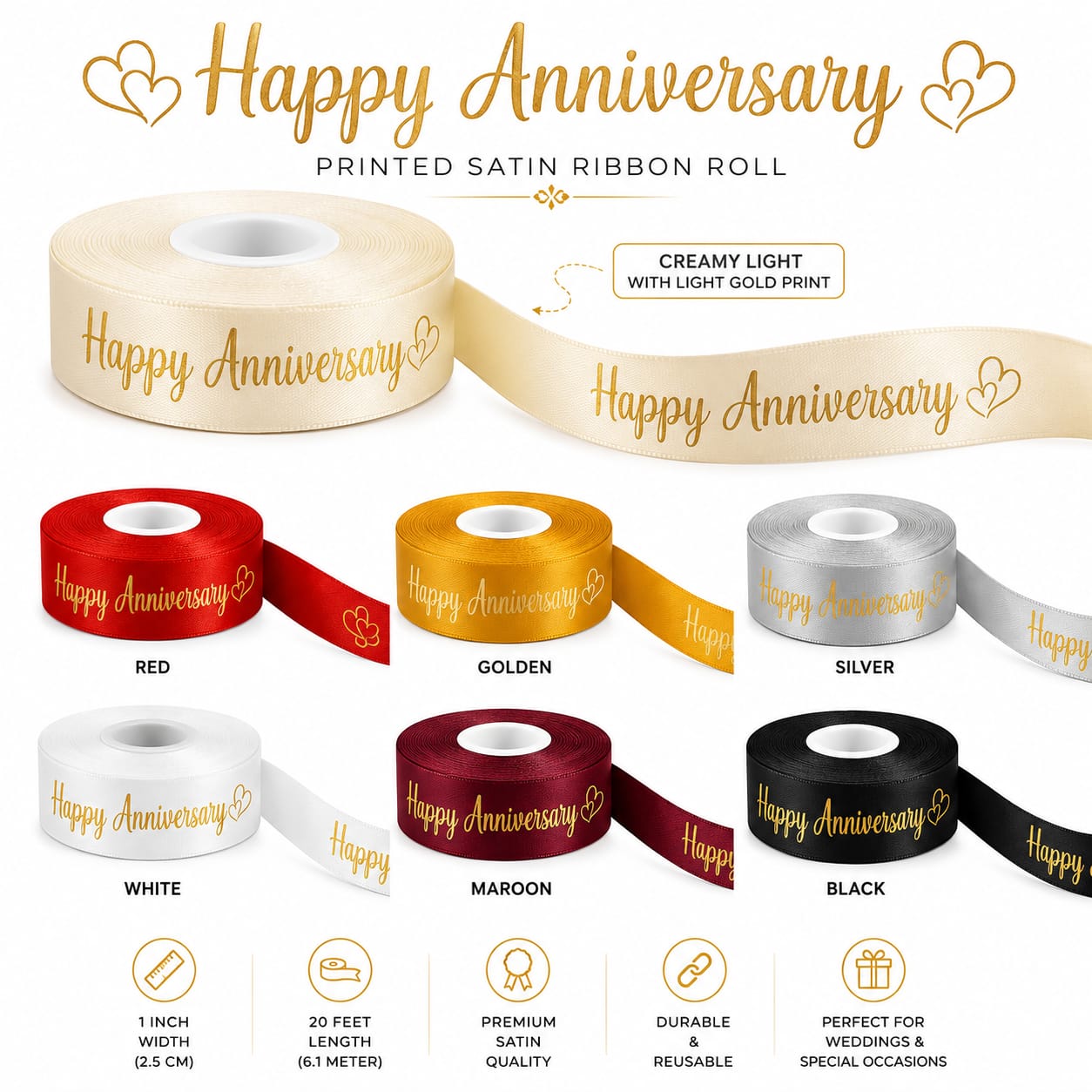 30ft Happy Anniversary Printed Pure Satin Ribbon Roll for Gift Wrapping