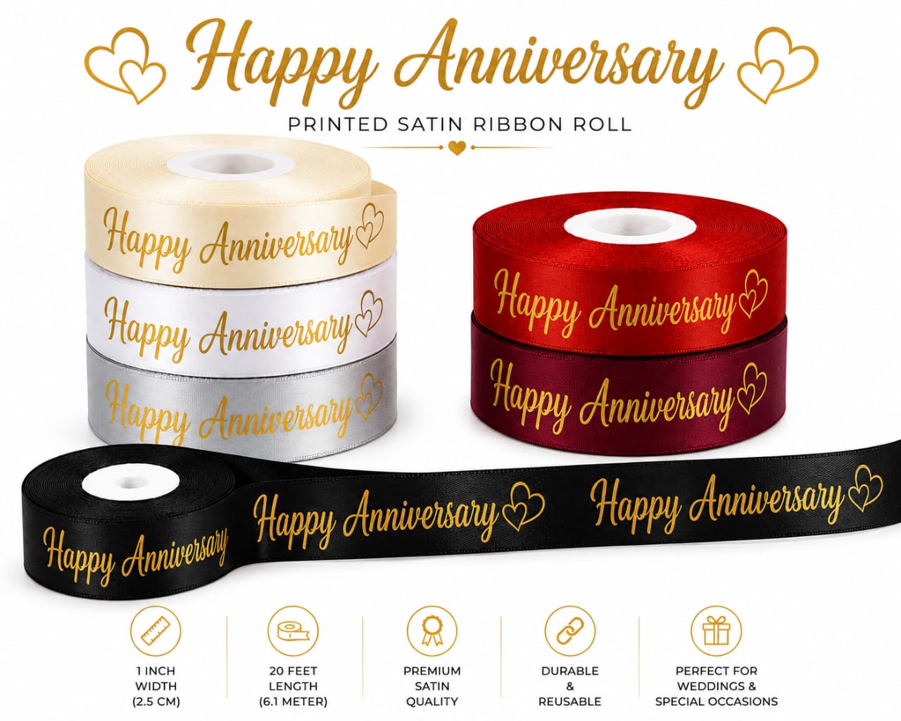 30ft Happy Anniversary Printed Pure Satin Ribbon Roll for Gift Wrapping view 2