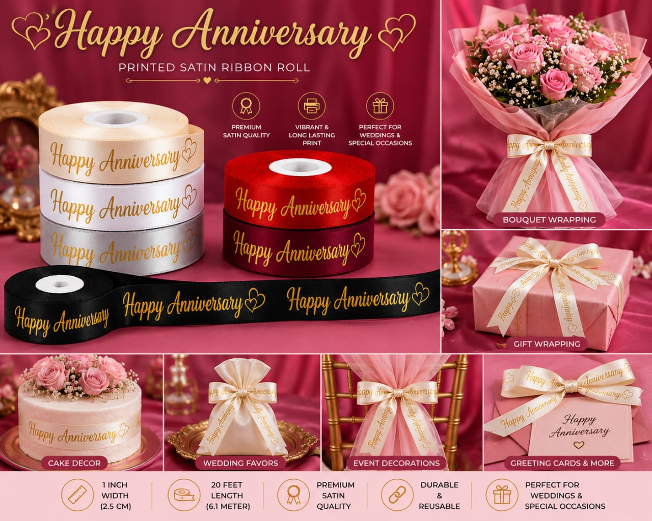 30ft Happy Anniversary Printed Pure Satin Ribbon Roll for Gift Wrapping view 3