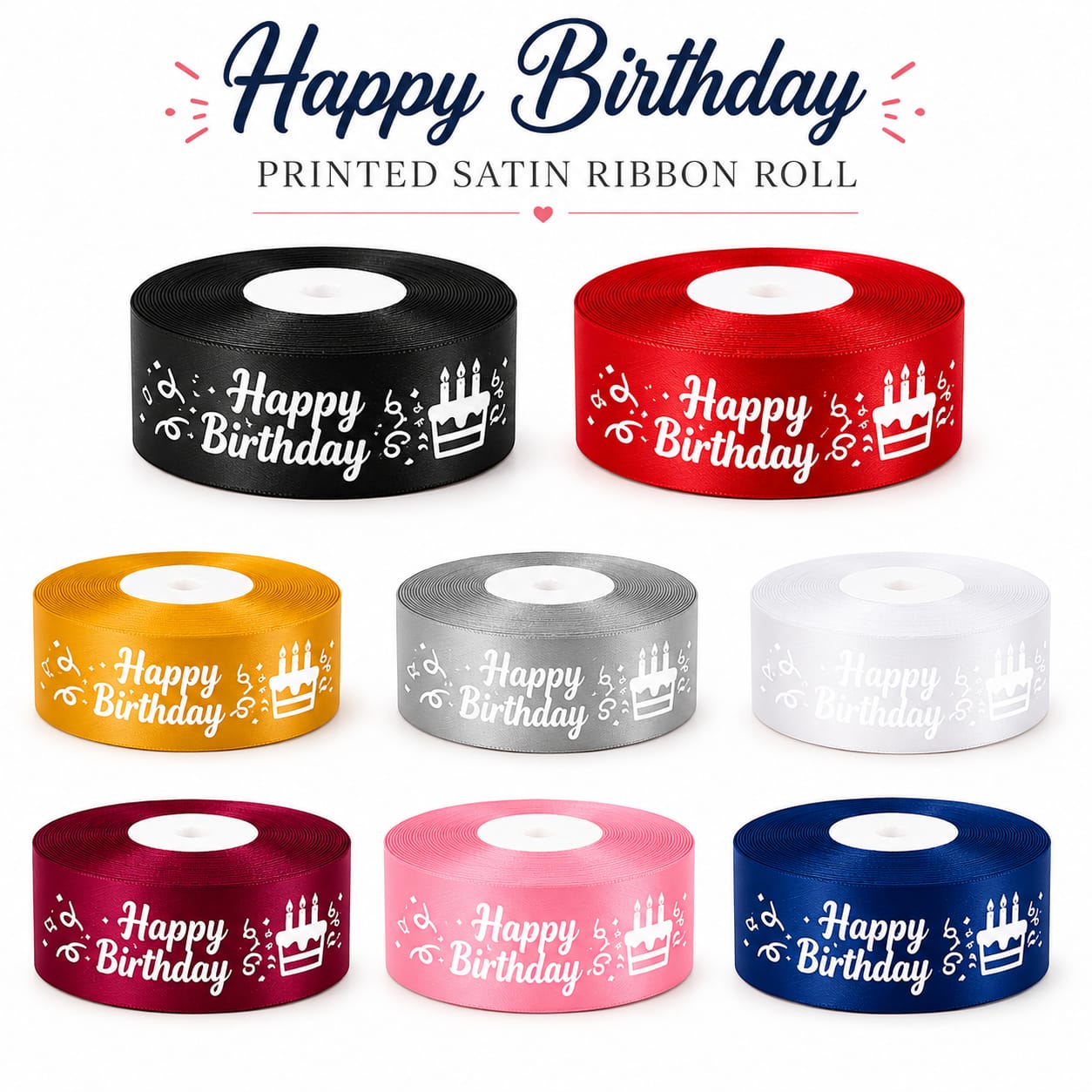 30ft Happy Birthday Printed Satin Ribbon Rolls Gift Wrapping