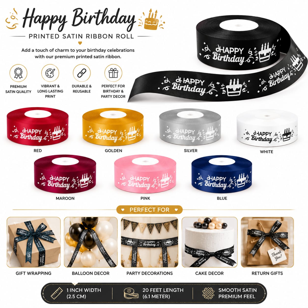 30ft Happy Birthday Printed Satin Ribbon Rolls Gift Wrapping view 3