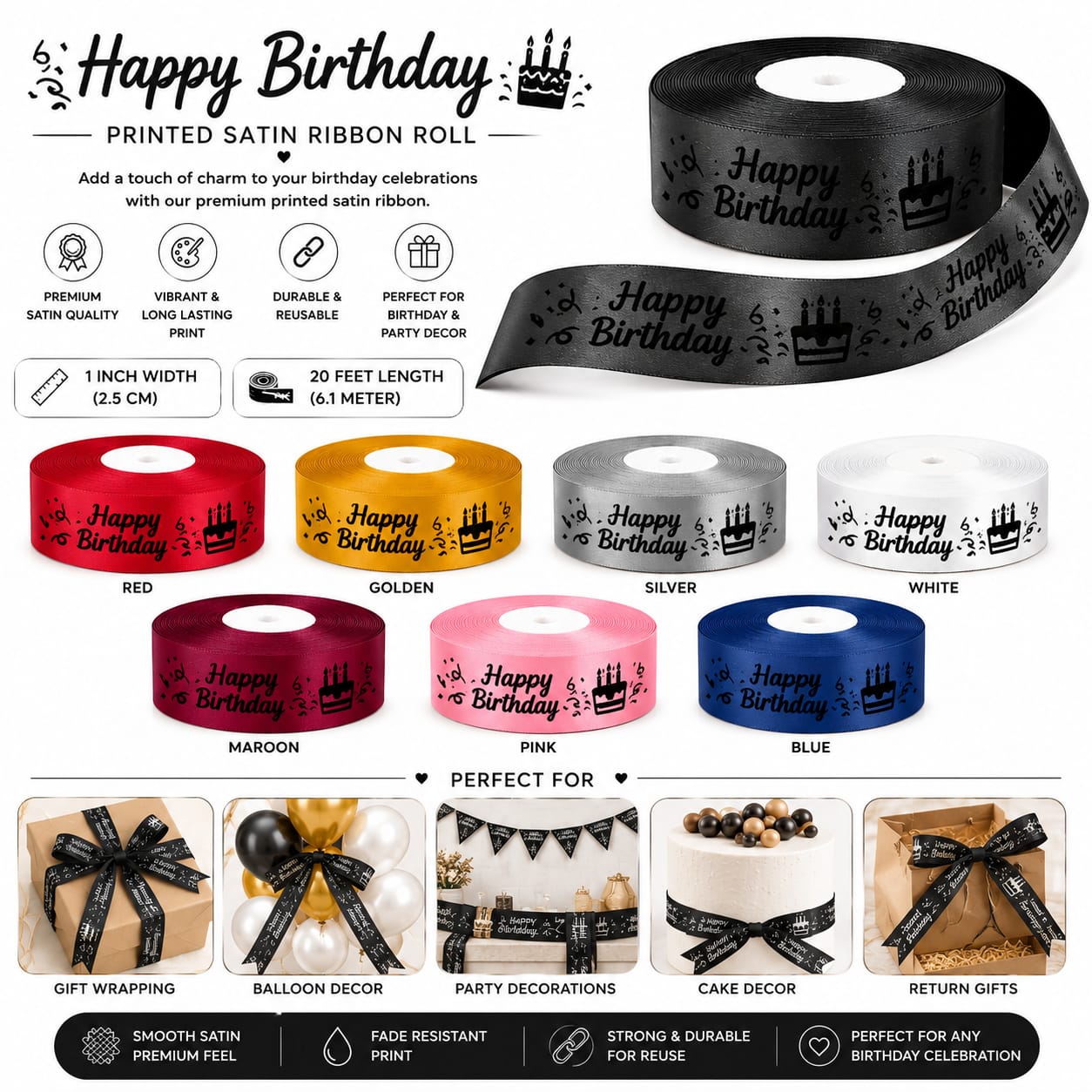 30ft Happy Birthday Printed Satin Ribbon Rolls Gift Wrapping view 4
