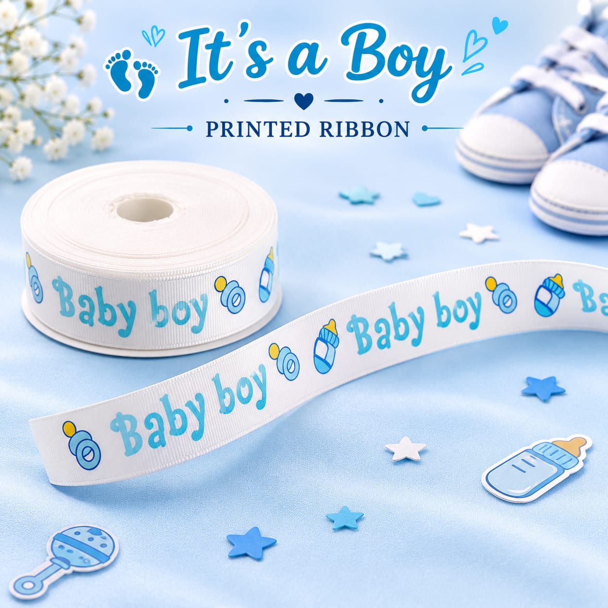 30ft It’s A Baby Boy Gift Satin Ribbon Roll for Baby Boy Announcement Gift Wrapping