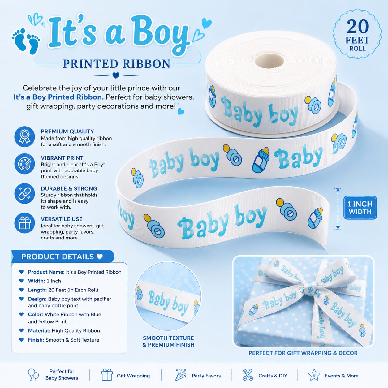 30ft It’s A Baby Boy Gift Satin Ribbon Roll for Baby Boy Announcement Gift Wrapping view 2
